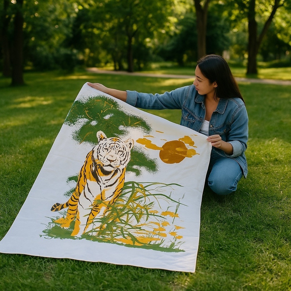 Japanese Tiger Art Wall Hanging Tapestry 62”Large Cotton Fabric Nature Decor